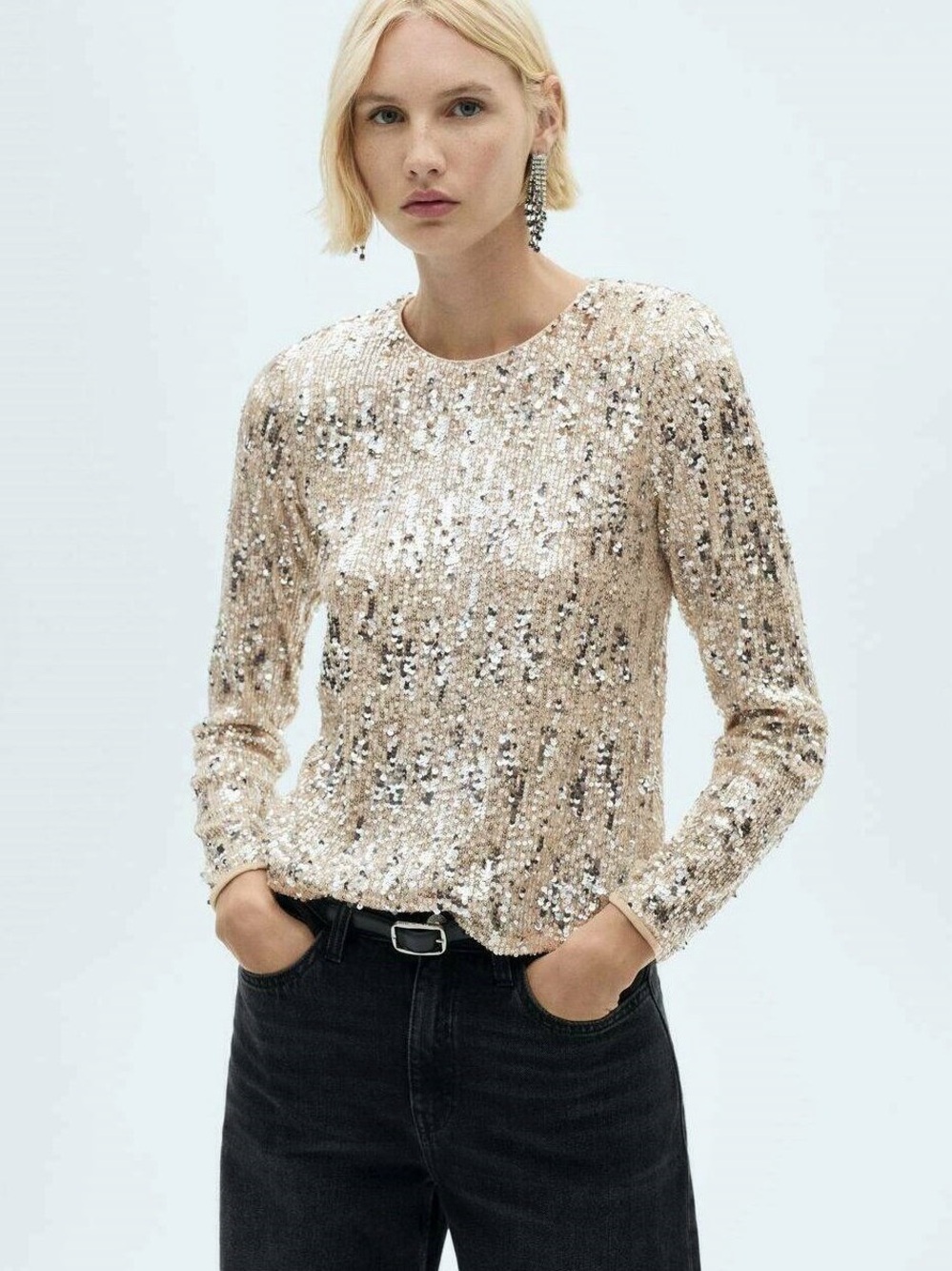 Mango Champagne Sequin Long-Sleeve Crewneck Top